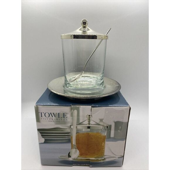 TOWLE SILVERSMITHS SILVERPLATED 4 PIECE JAM JAR~LID~SAUCER~SPOON SET - Picture 1 of 7